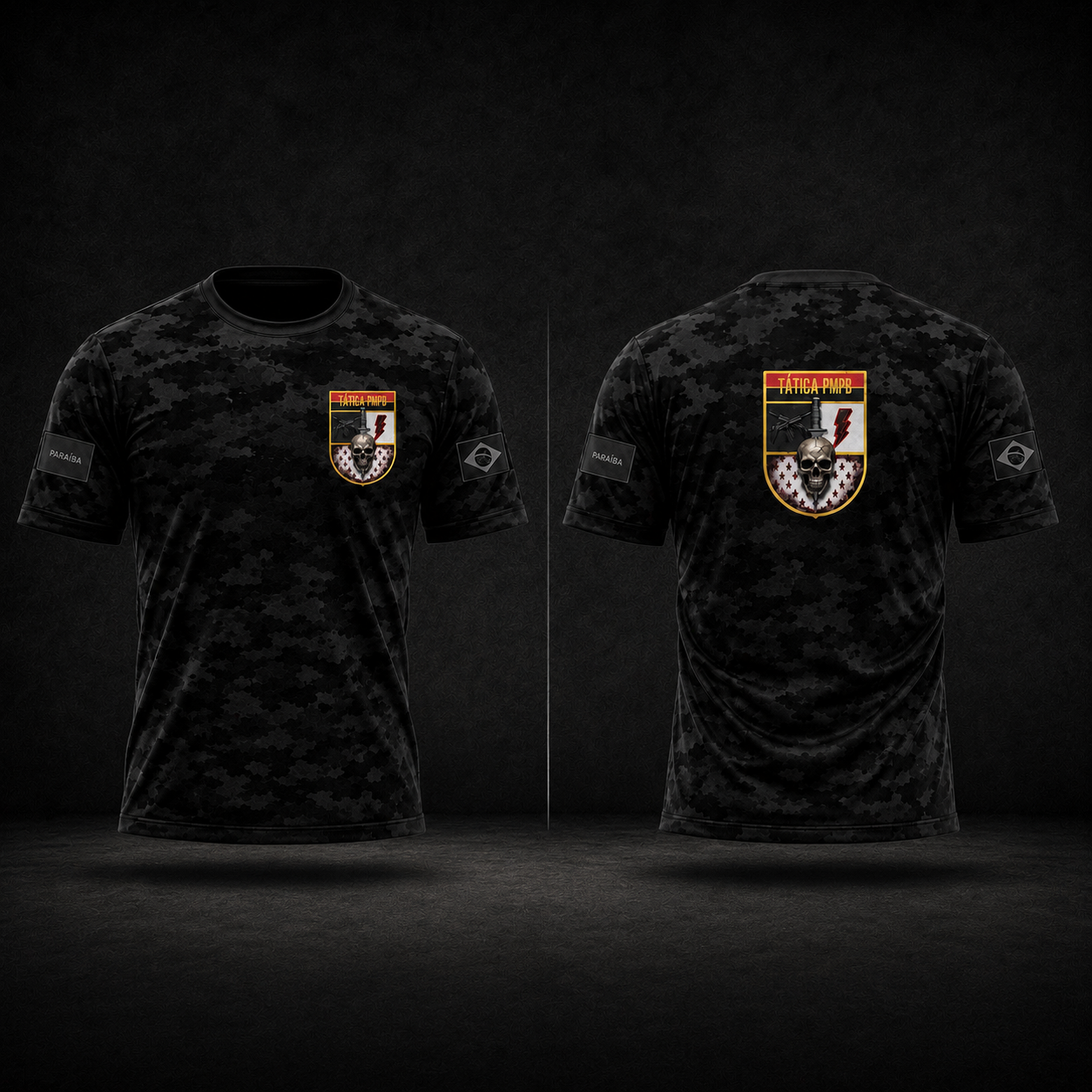 Camisa oficial da corrida, frente e costas, em camuflado preto com o brasão no peito